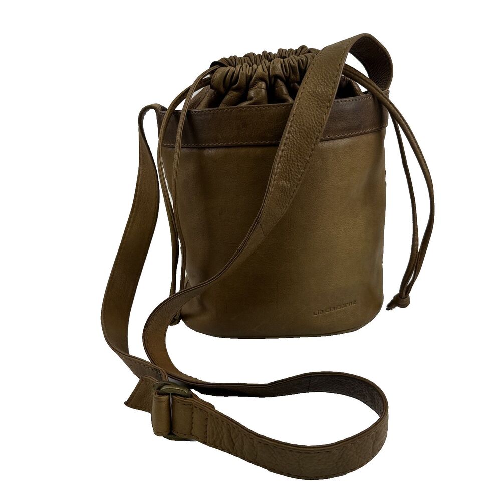 Liz Claiborne Tan Leather Drawstring Bucket‎ Bag Crossbody Purse Whipstitch Med